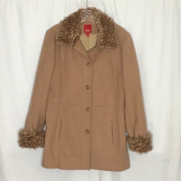 Esprit Jackets & Blazers - Vintage Esprit Penny Lane Style Tan Wool Coat With Faux Fur Trim Size L